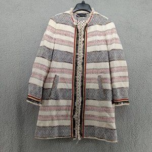 Zara Jacket Womens Medium White Red Blue Geometric Aztec BoHo Reverse Dye‎ Woven